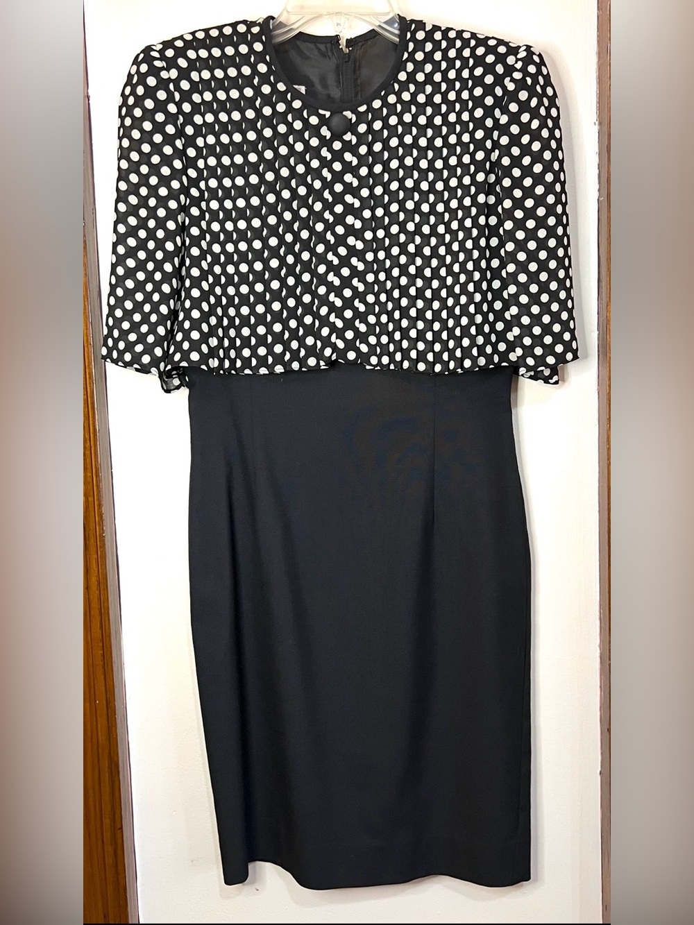 80s Black & White Polka Dot Pleated Blouse Top Midi Sheath Dress
